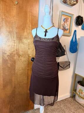 Vintage Brown Beaded Taboo Ruched Dress